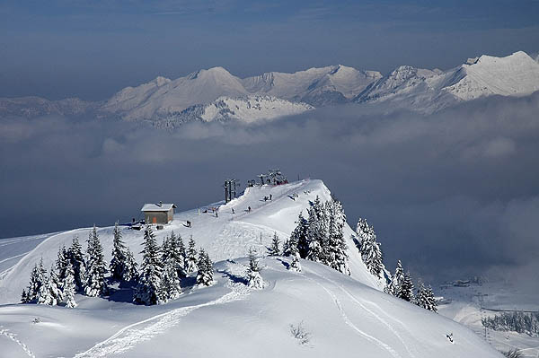 High above the morning mists in the Grand Massif, Haute-Savoie.