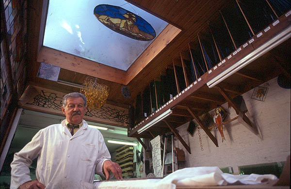 Master stained glass restorer Claude Barre in his Amiens atelier, Somme.